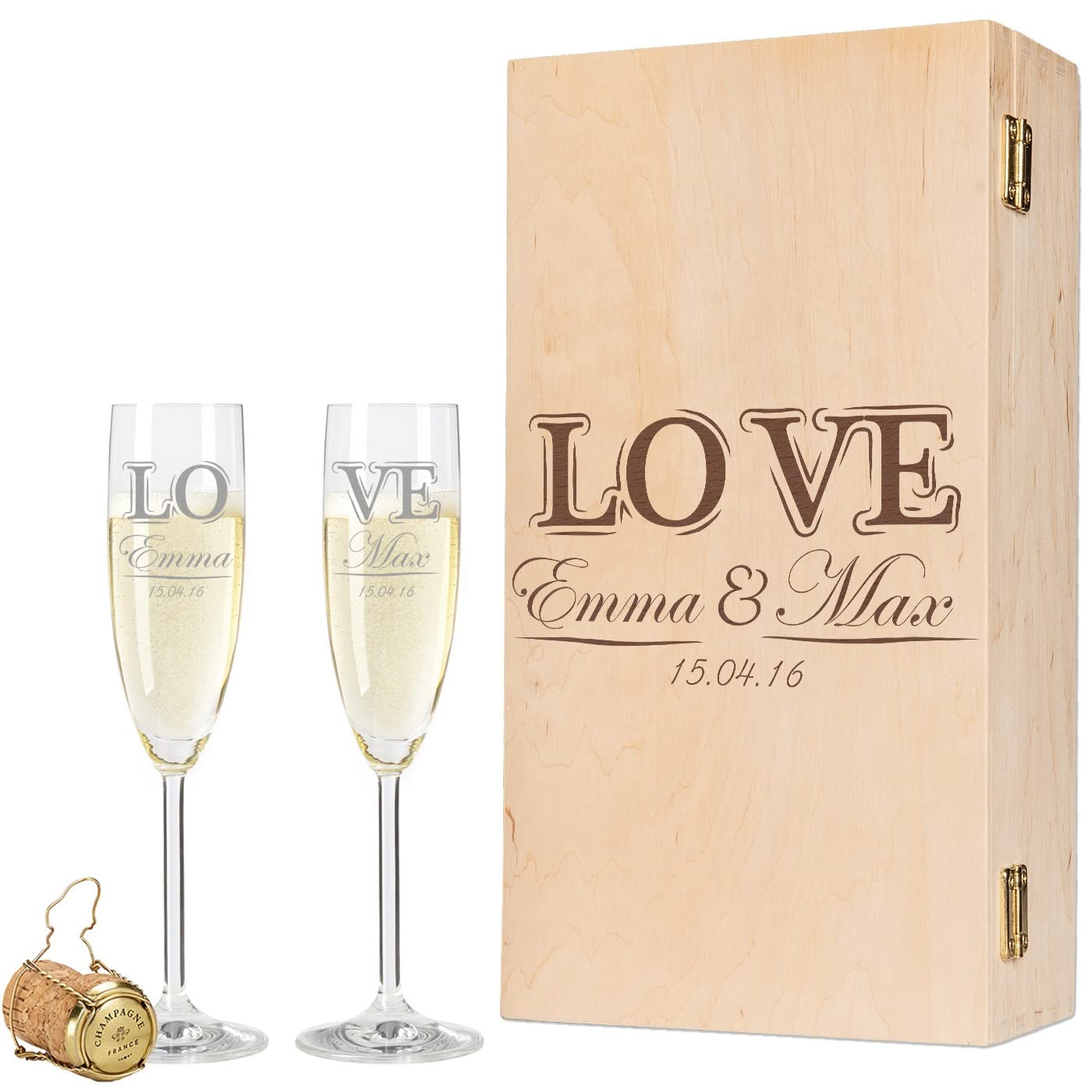 Leonardo, calici da spumante con incisione di nome e data – in design separato LOVE come regalo di fidanzamento o anniversario di matrimonio – con scatola in legno vintage incisa – il regalo perfetto