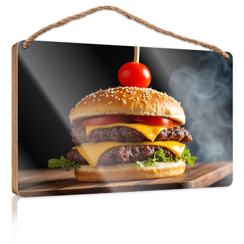 Home Hanging Sign A Juicy Burger With Cheese, Lettuce, Tomato, And A Cherry On Top. Small Wooden Signs With Sayings Funky Home Decor(15X28CM)