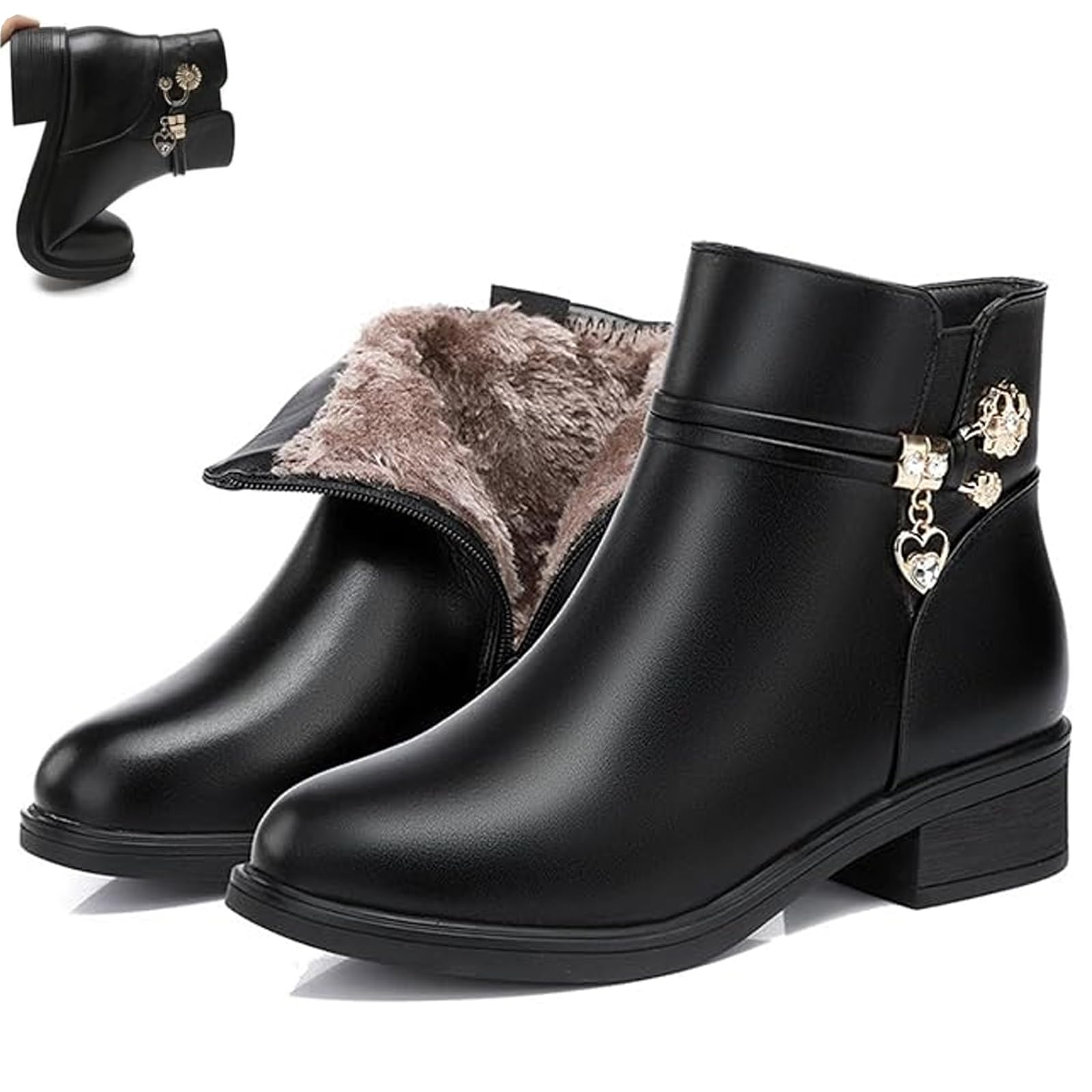 Womens Genuine Leather Wool Orthopedic Boots Winter Warm Low Block Heel Snow Booties Leather Sparkling Rhinestones Waterproof Orthopedic