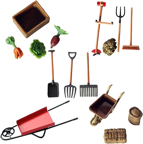 gofidin Herramientas de agricultura en miniatura a escala 1:12, accesorios para muñecas, 13 piezas, pala, rastrillo, cortacésped, carrito de jardín,