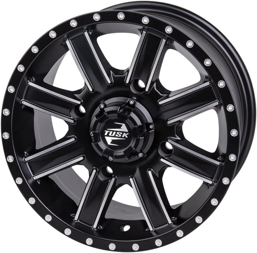 Image of Tusk Set of 30x10-14 TERRABITE Heavy Duty 8-Ply Radial UTV Tires mounted on CASCADE Wheels - Compatible with POLARIS applications 4 /156 bolt pattern Includes Lug Nuts (4+3 Offset, Machined /Black)