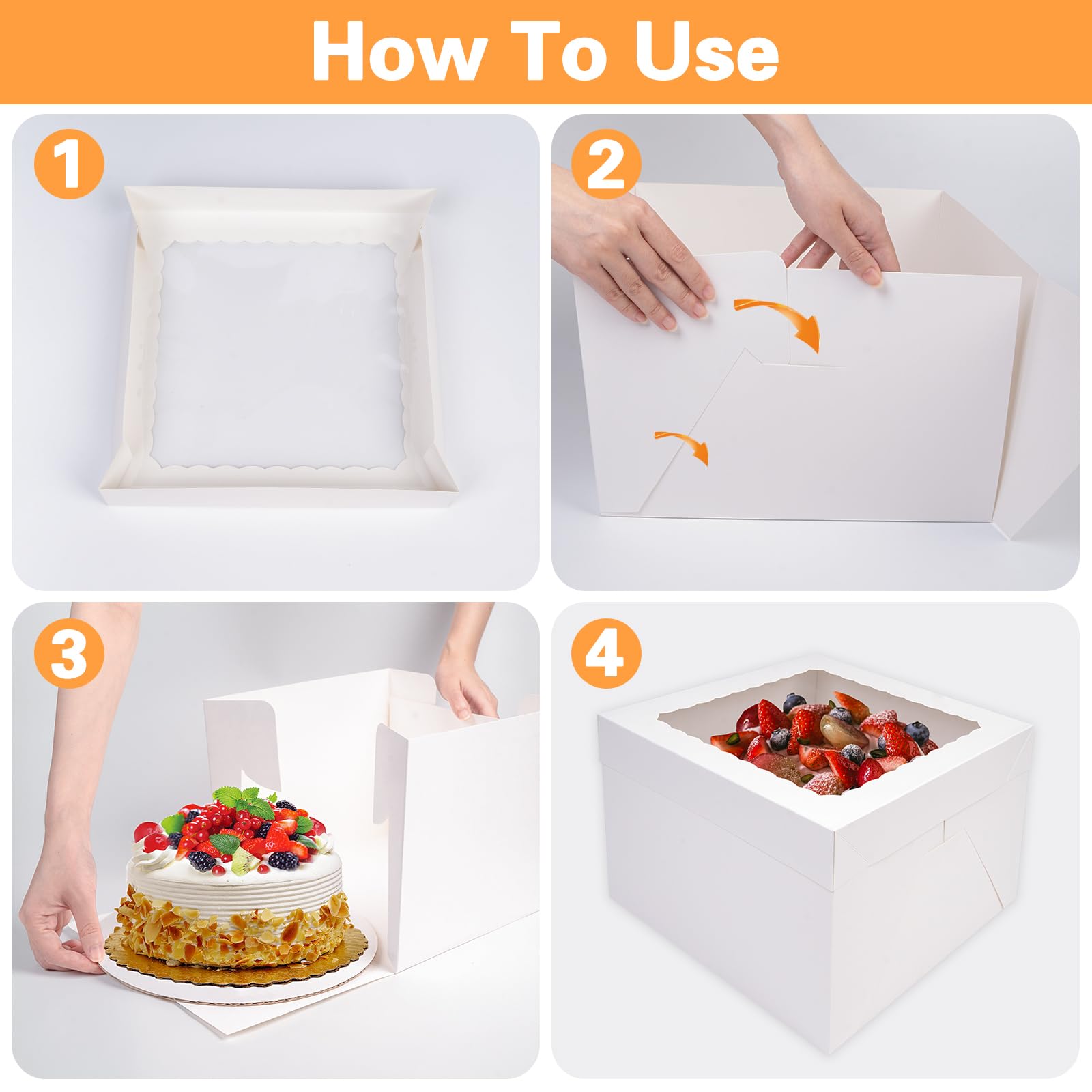 KOMABLEN Scatola per Torta 30,5x30,5x20,3cm, 10 Pezzi Bianche Scatole per Dolci in Cartone, Scatole per Torte con Finestra Vassoi, Porta Torta Cartone con Adesivi e Nastro per L'imballaggio Dessert