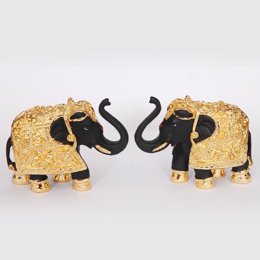 Gift Tree German Silver Lucky Elephant Pair With Real Gold Platted And Back Teracota Paint Gift Article