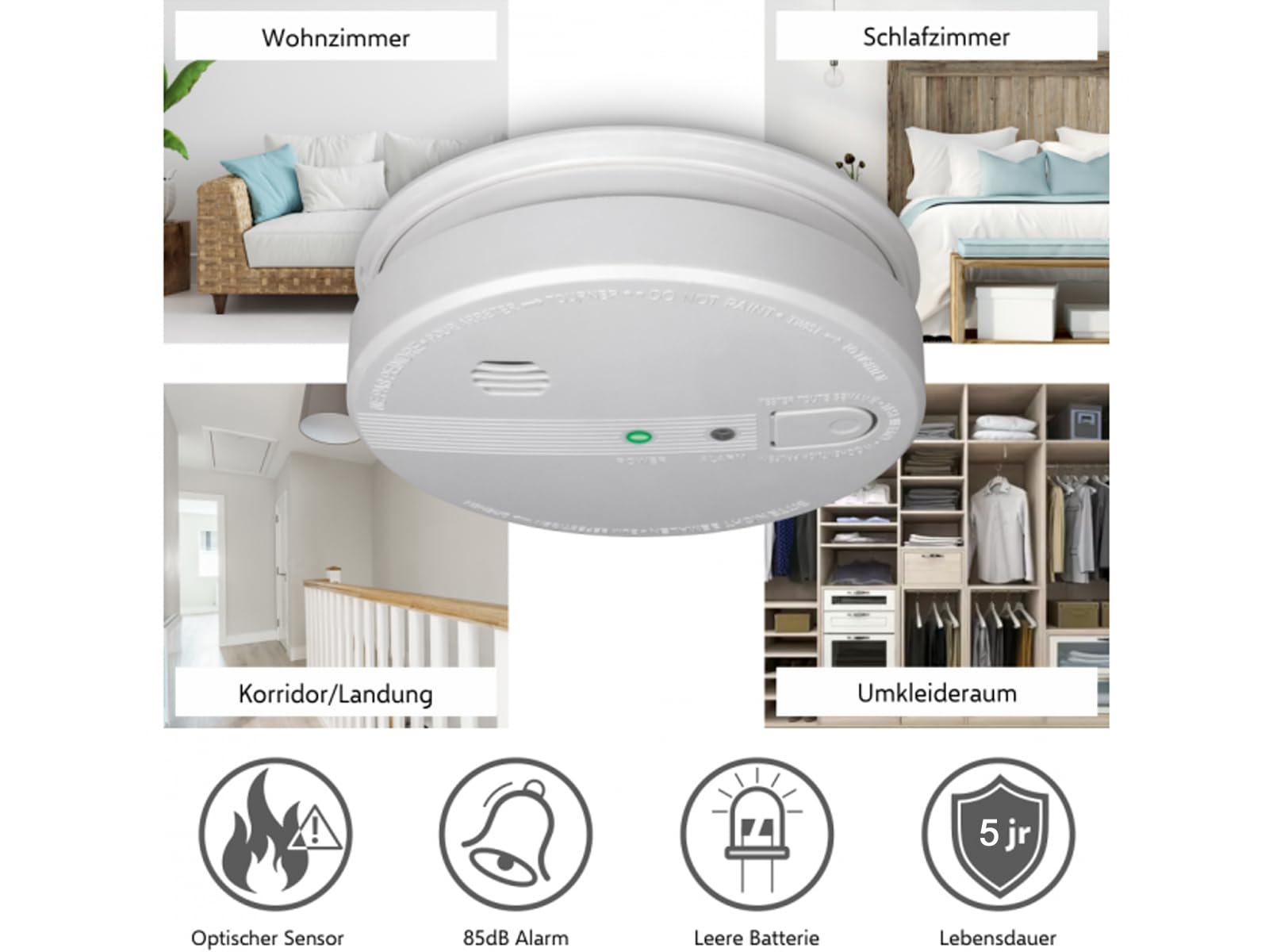Juego de 2 detectores de humo conectables con conexión de 230 V + batería de reserva, señal de alarma de 85 dB