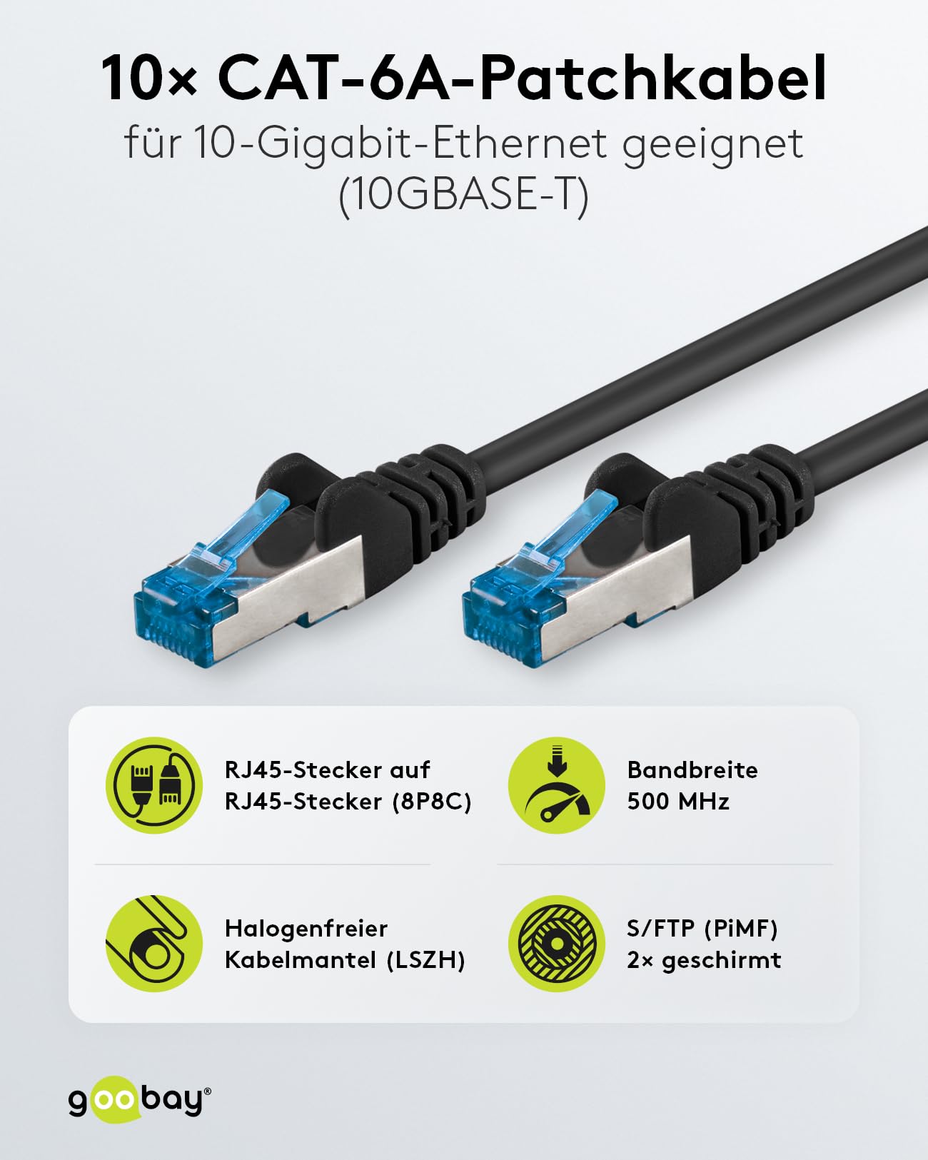goobay 66045 CAT 6A Network Cable in Set of 10/Patch Cable Shielded S/FTP/CU Ethernet Cable, PiMF - Image 2