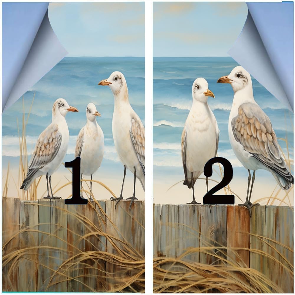 Abstract Seabird Frosted Stained Glass Window Film - Nature Birds Blue Ocean Decorative Peel and Stick Adhesive Vinyl for Bathroom Privacy, Bedroom Home Decor, 23.6Wx35.4L-inch x2 Pcs