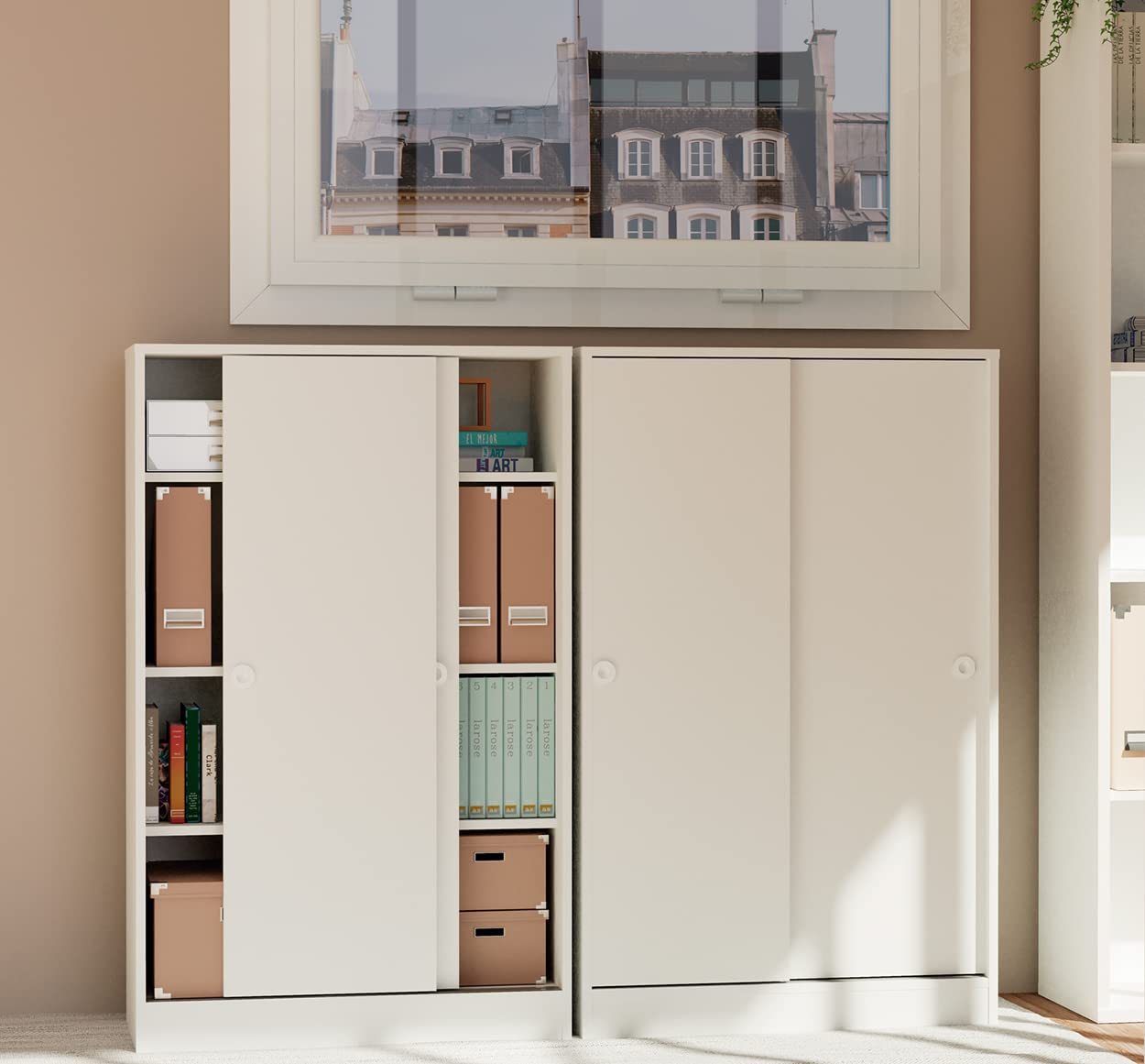 Armario Bajo Auxiliar Multiusos con 2 Puertas Correderas y 3 Estantes, Acabado en Color Blanco, Medidas: 74 cm (Ancho) x 120 cm (Alto) x 33 cm (Fondo)