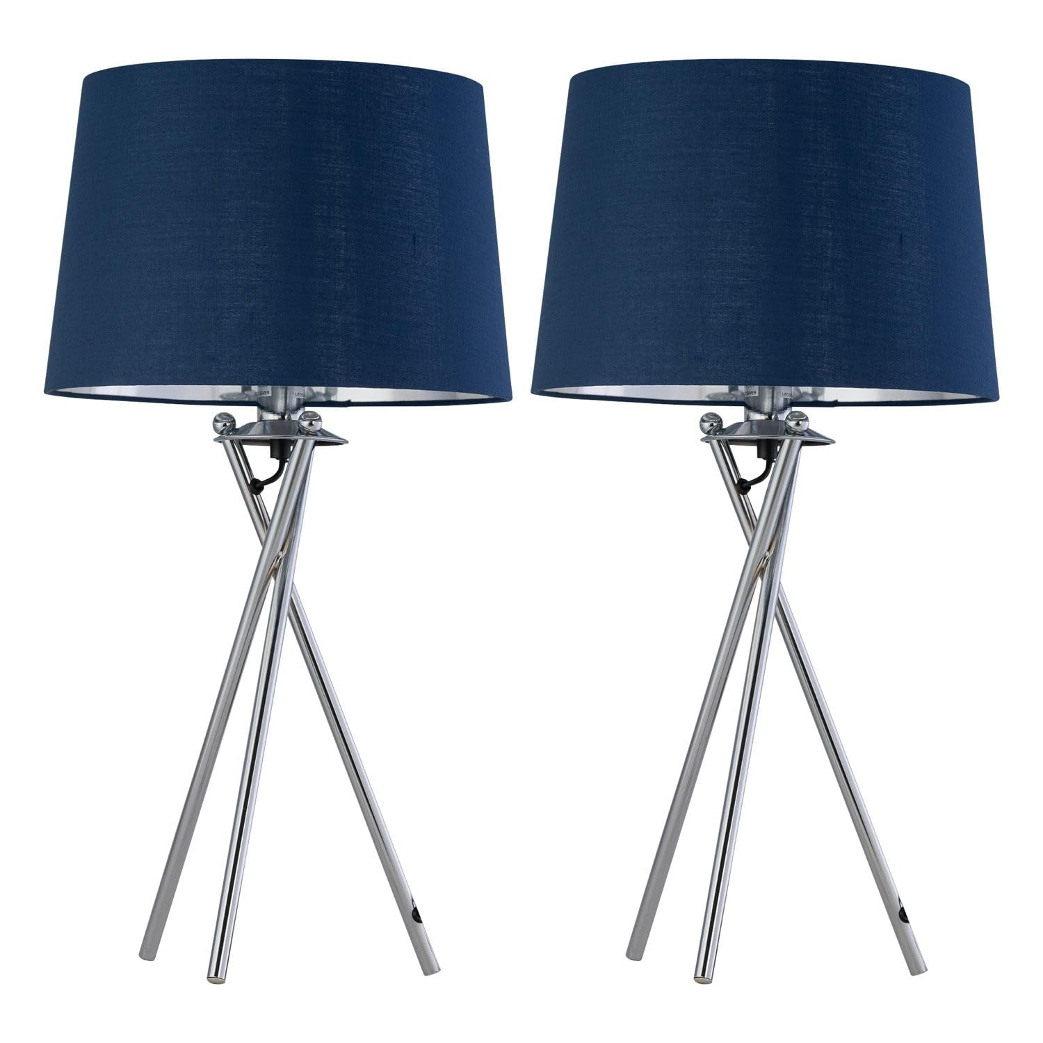 Firstchoicelighting Chrome & Blue Set Of 2 Tripod Table Lamps Or Bedside Lights, Chrome With Navy Blue & Silver Fabric Shade, Led Compatible, Height 53Cm, Inline Switch