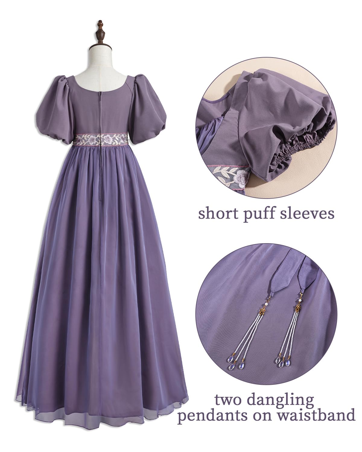 CR ROLECOS Regency Dress for Women Empire Waist Regency Era Costume Victorian Tea Party Gown Purple S, Deep Purple - Image 3