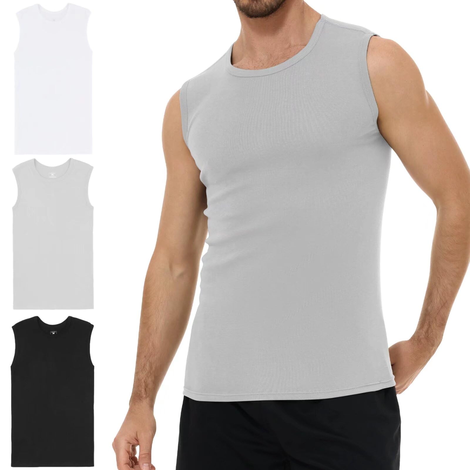 YouShow 3er Pack Unterhemd Herren 100% Baumwolle Tank Top Ärmellos mit Rundhals