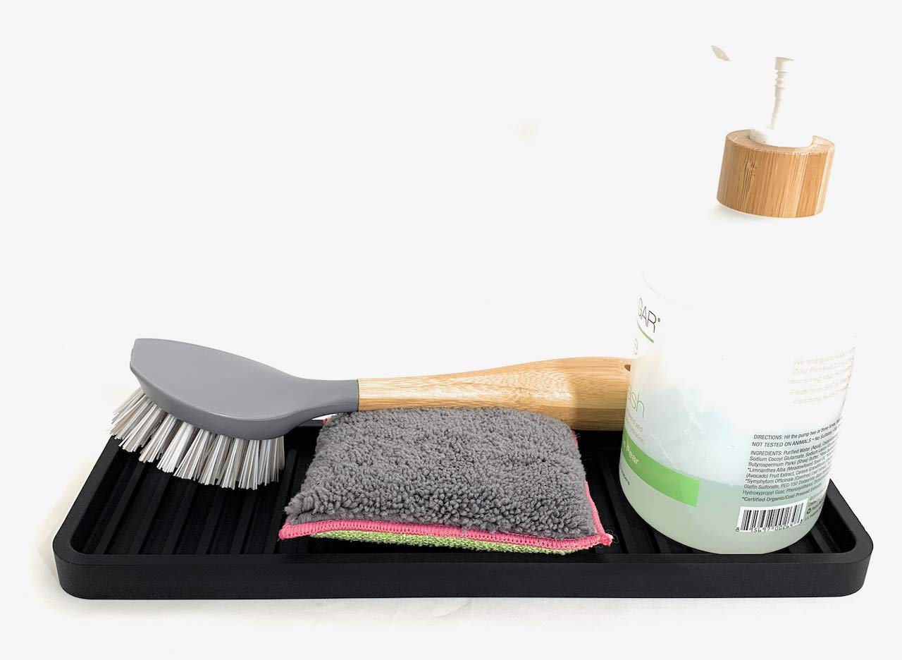 Happitasa Silicone Kitchen Sink Organizer Tray, Sponge Holder and Countertop Protector | Bathroom and Kitchen Soap Dish and Dispenser Tray (Black, 12