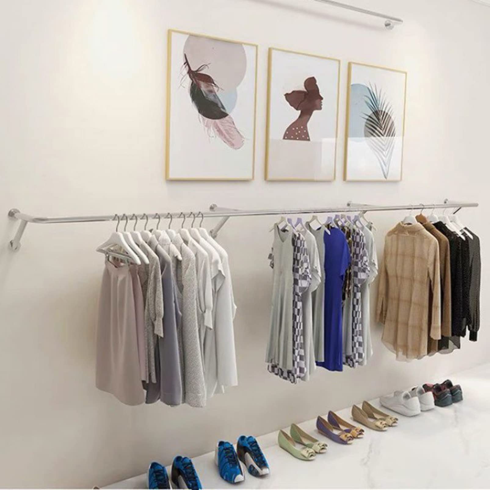 Modern Retail Garment Display rack, Boutique Store Hanger Industrial Pipe Clothes Bar, Wall-Mounted Garment Holder Storage Shelves Gold Clothes Rod, Cloakroom Organizer S,Silvery-Length 300CM