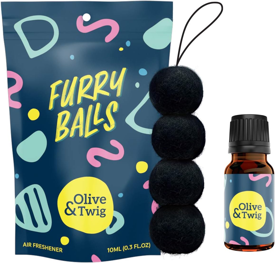 Olive & Twig Furry Balls Car Air Freshener | 100% Wool with Fragrance Oils which Provide a Long Lasting Fresh Scent for Your Car, Truck or Van, a Road Trip Essential! (Vantablack, Moroccan Sunset)