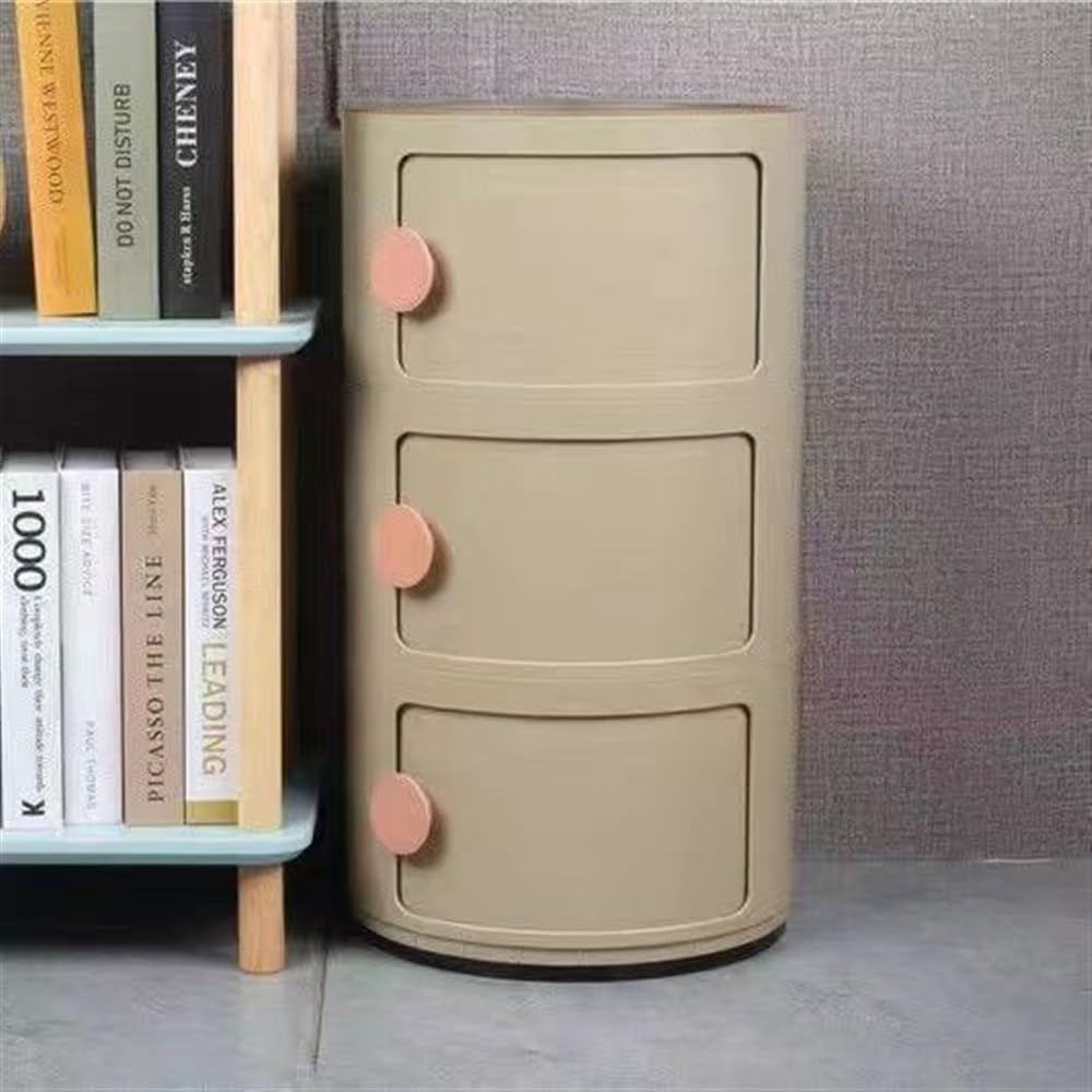 Small Bathroom Cabinet, Round with Slide Drawers, Modern End Table Side Plastic Chest for Living Room Bedroom Bathroom(Brown,3 Tiers)