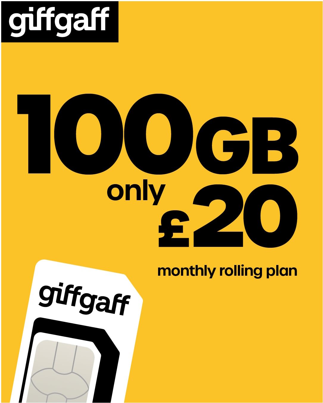 SIM Card. 80 GB Data, Unlimited Minutes and Texts. Topup Lasts 30 Days