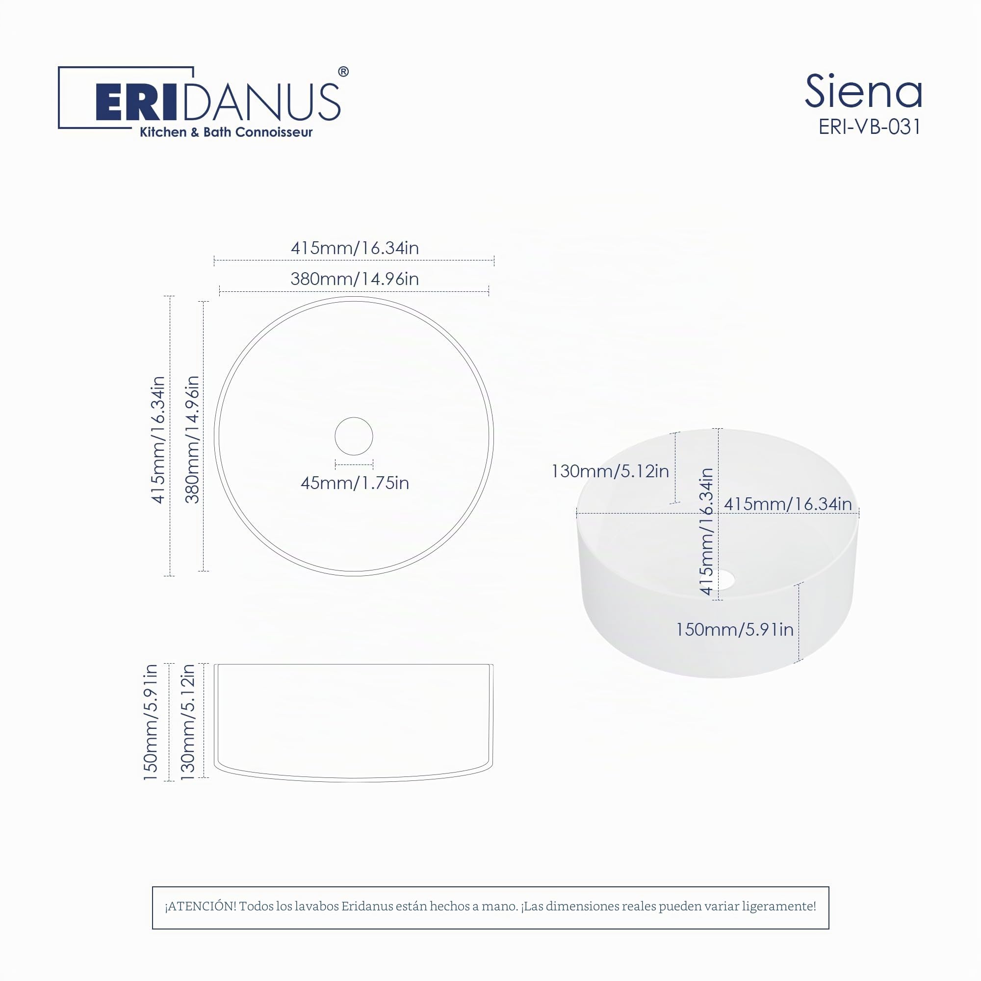 Fregadero redondo de cerámica de Eridanus, lavabo de porcelana vítrea en blanco brillante para uso en encimera, lavabo redondo para tocadores, 415 x 415 x 150 mm