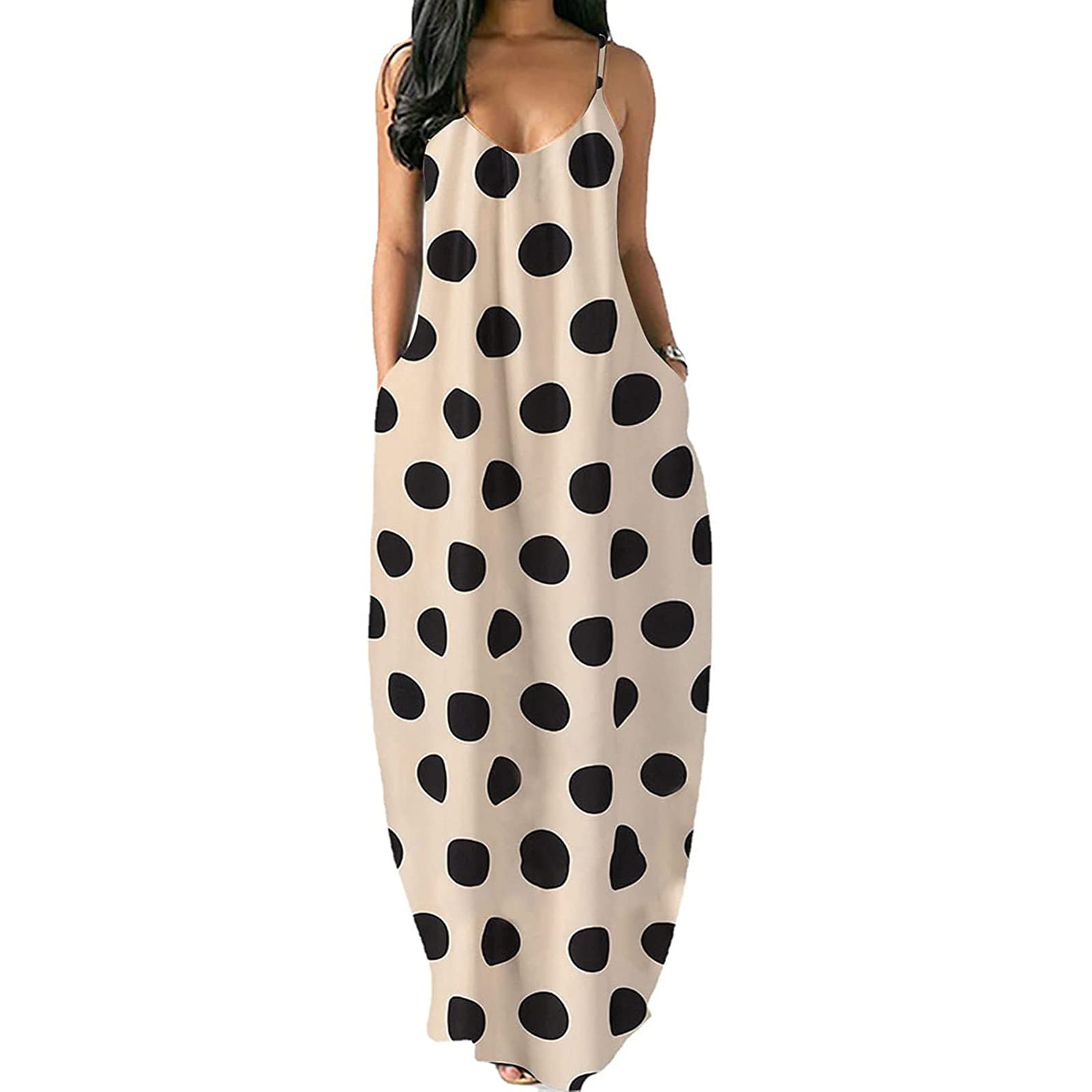 Easygou Women's Summer Long Maxi Dress Casual Sleeveless V Neck Spaghetti Strap Loose Beach Long Cami Dresses with Pocket