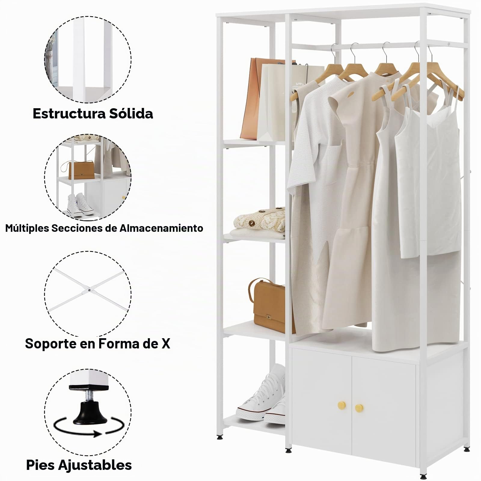 SogesHome Perchero de pie con Armario de Almacenamiento para Dormitorio o Entrada, Color Blanco