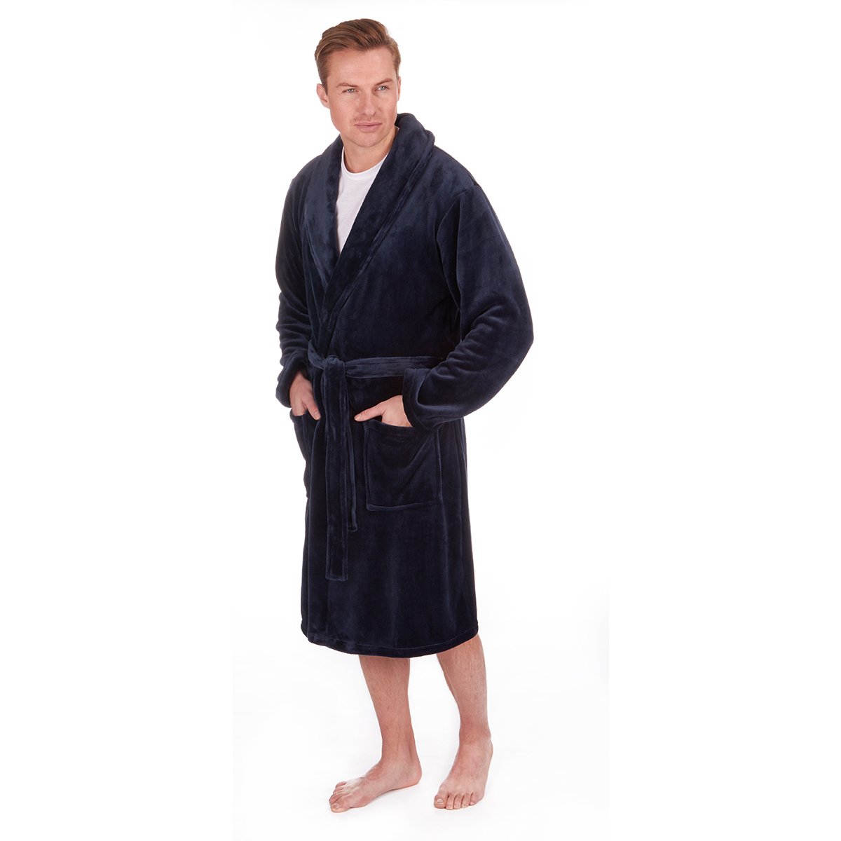 Pierre Roche Men's Navy Dressing Gown Robe Nightwear Flannel Fleece Shawl Collar Soft