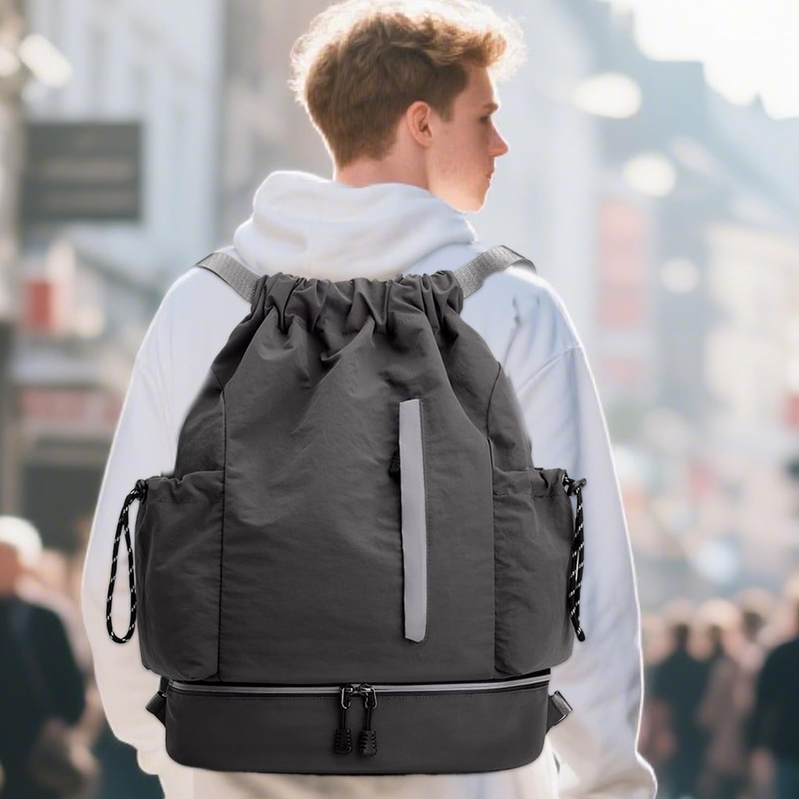 Rucksack mit Kordelzug, große Kapazität, Reiserucksäcke, wasserdichter Rucksack mit stabiler Kordel, ideal für Fitnessstudio, Fitness, Wandern, Basketball, Fußball, Picknick, Alltag, 46 x 34