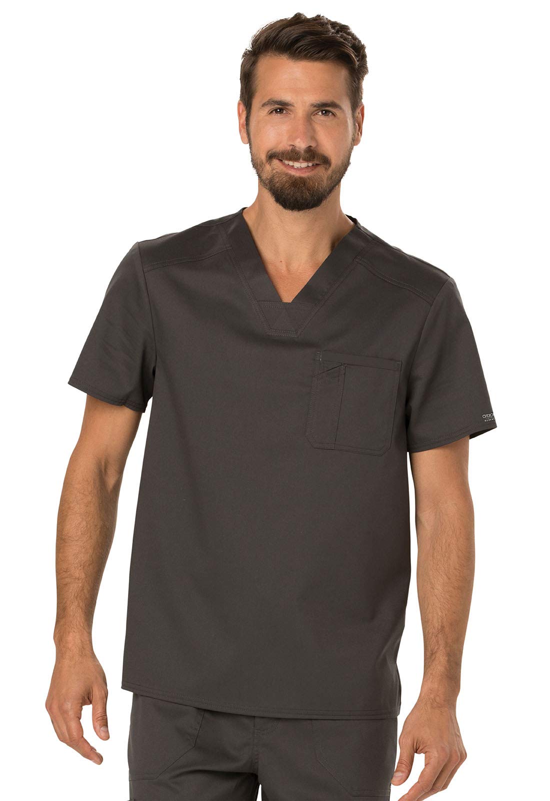 Cherokee Conjunto de uniforme médico de primera calidad para hombre, ajuste moderno, cuello en V, WW690 con cierre de botón en la pierna cónica y pantalón con cordón interior, peltre, camiseta