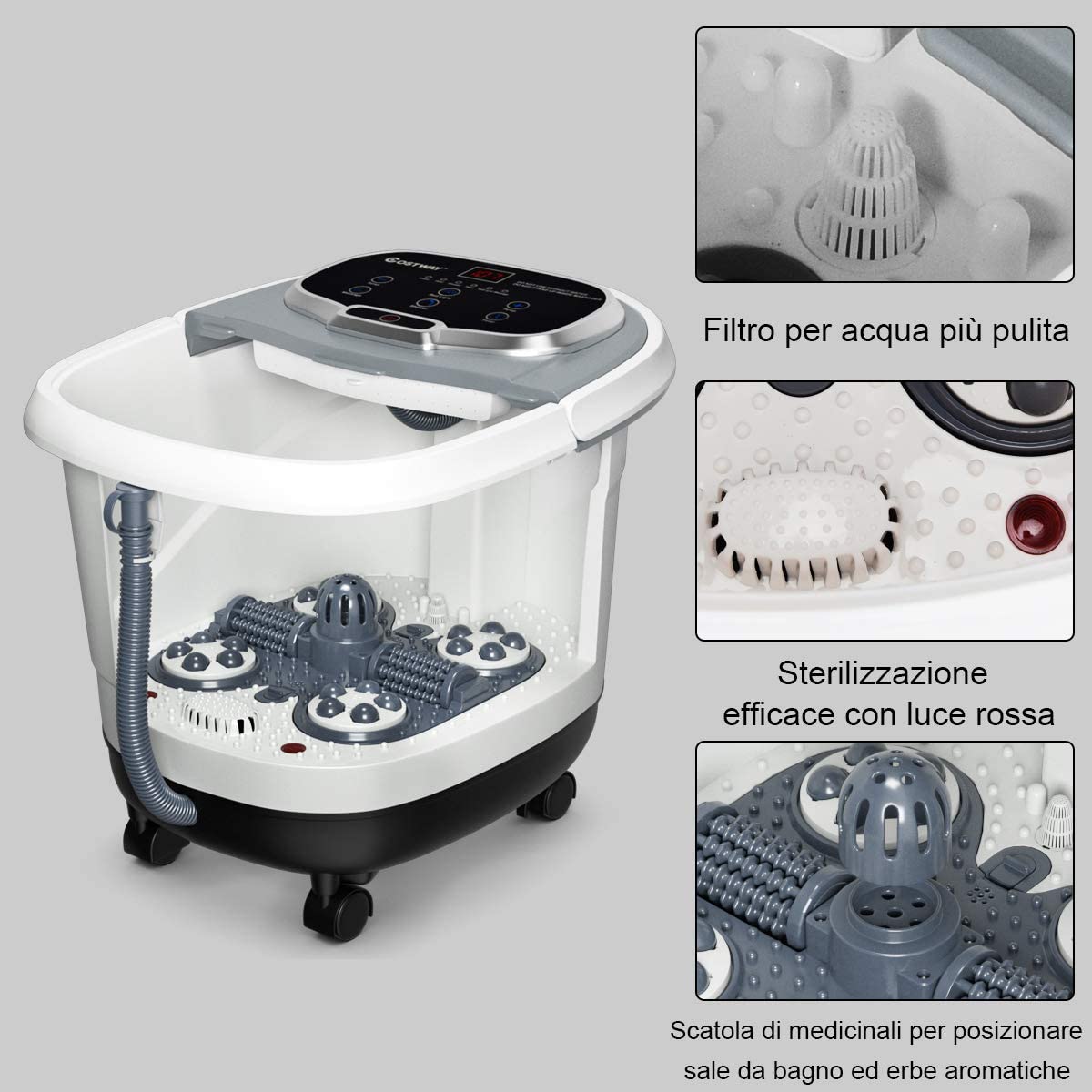 GYMAX Pediluvio Idromassaggio Elettrico con Funzione di temporizzazione, Massaggiatore Piedi con Idromassaggio Plantare e Riscaldamento dell’Acqua, 44x36x36 cm (Grigio)