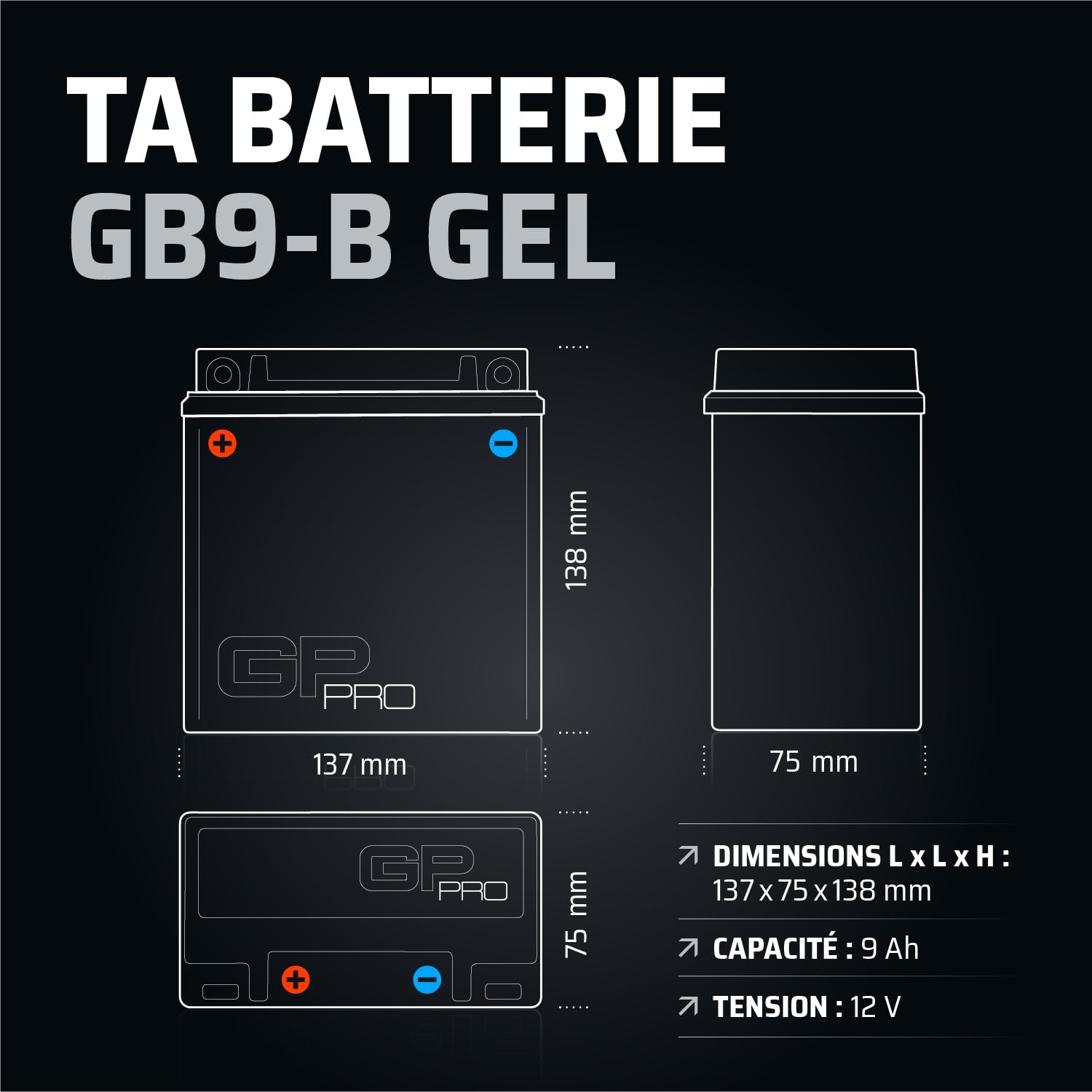 GP-PRO Akumulator rozruchowy GB9-B 12V 9Ah GEL (kompatybilny z YB9-B / 50914) (bezobsługowy/uszczelniony) akumulator motocyklowy