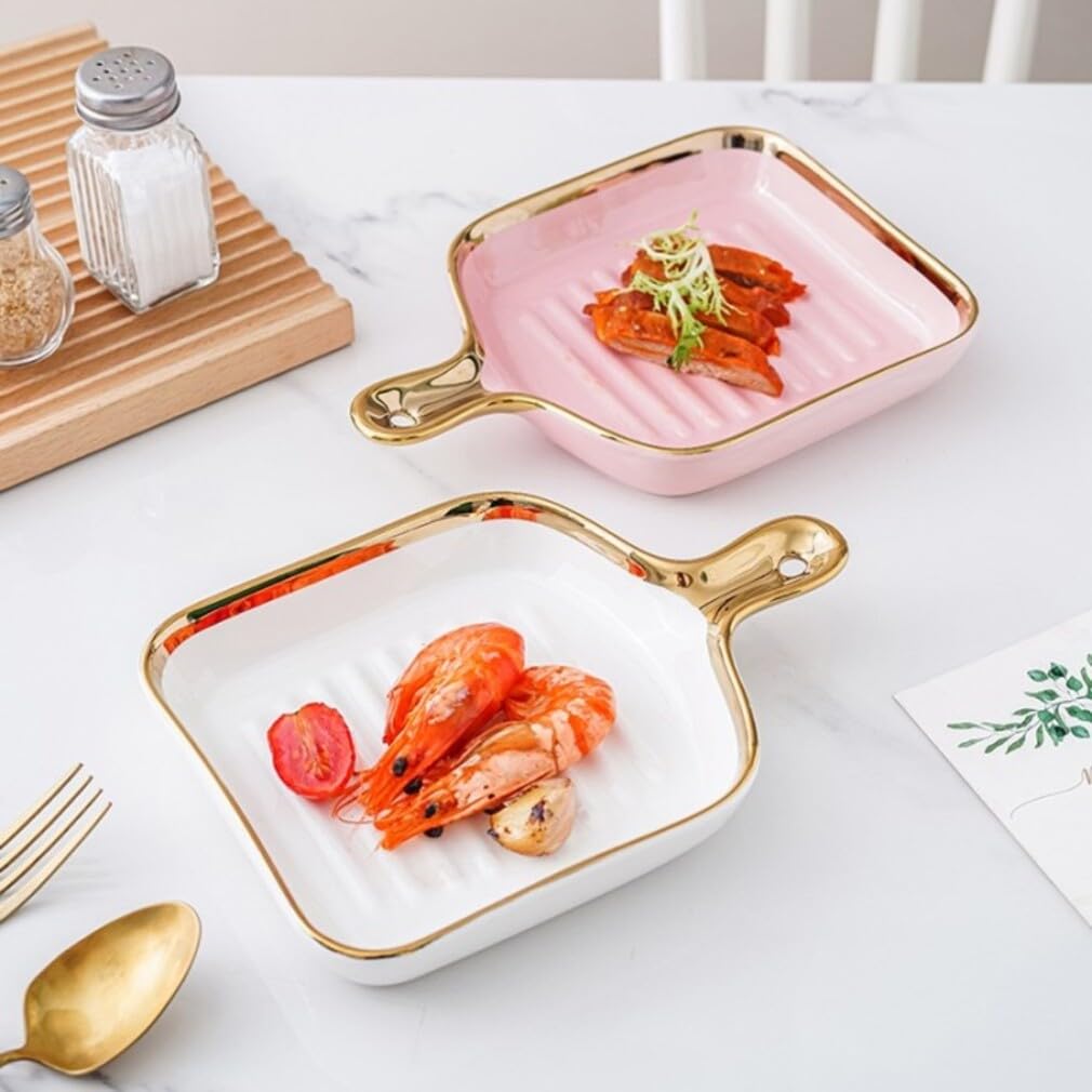 SMOKEY COCKTAIL Ribbed Ceramic Square Snack Platter | Dessert Plate with Handle for Baking and Serving | White Color Set of 2