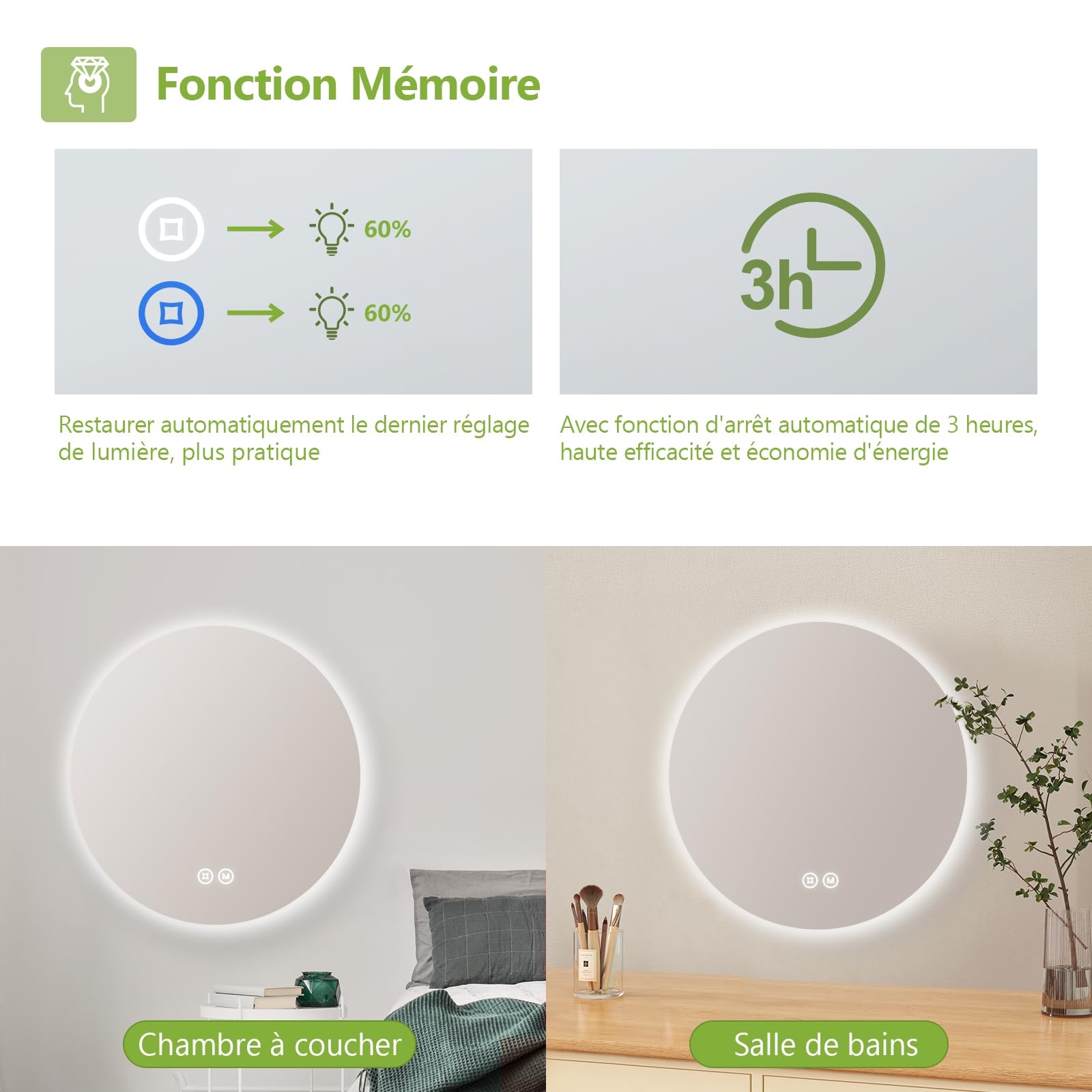 S'AFIELINA Miroir Rond Salle de Bain avec Éclairage 50 cm Miroir Mural LED avec Interrupteur Tactile Miroir de Salle de Bain Rond à Intensité Variable 3 Couleurs de Lumière IP44 Économie D'énergie