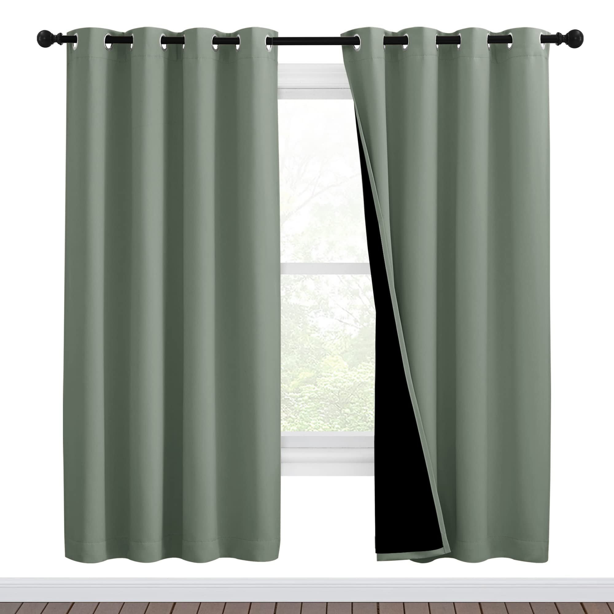 NICETOWN 100% Blackout Window Curtain Panels, Full Light Blocking Drapes with Black Liner for Nursery, 72-inch Drop Thermal Insulated Draperies (Greyish Green, 2 Pieces, 46-inch Wide Per Panel)