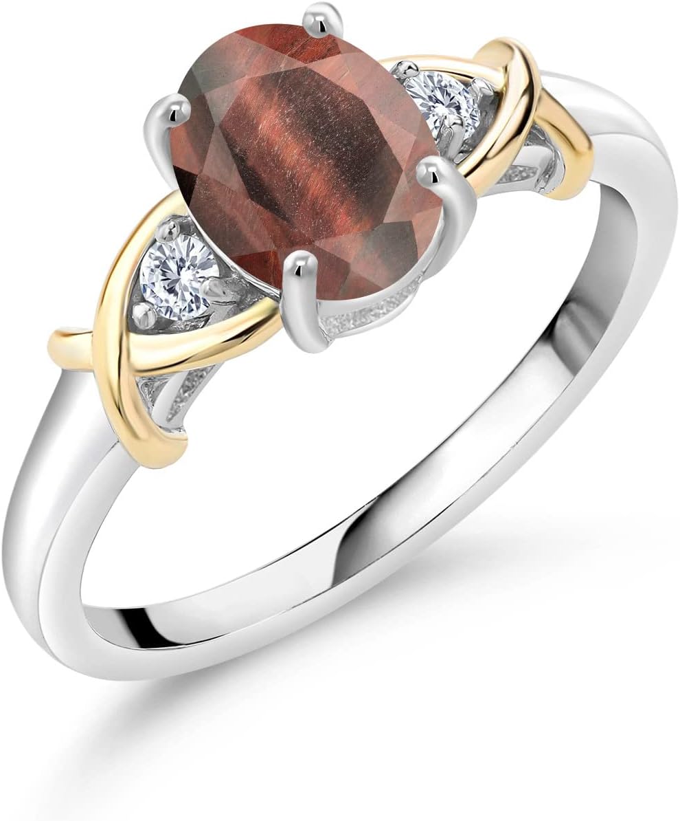 Gem Stone King 2 Tone 10K Yellow Gold and 925 Sterling Silver Red Tiger Eye and Lab Grown Diamond Ring For Women | 1.33 Cttw | Oval 8X6MM