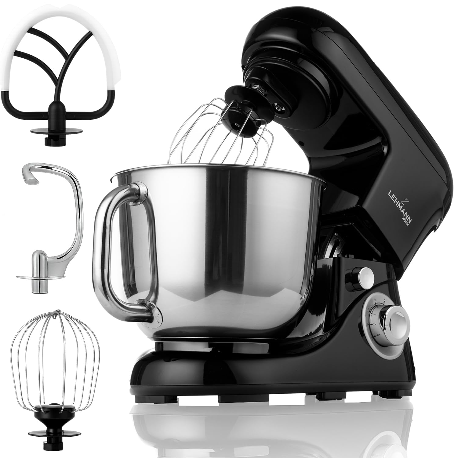 LEHMANN LHOPM-1305C Robot Pâtissier Multifonction 2200 W, Robot Culinaire à Mouvement Planétaire avec Fouet, Batteur, Crochet, Bol d'Acier Inoxydable 5 Litres, 6 Vitesses et Fonction Pulse, Noir