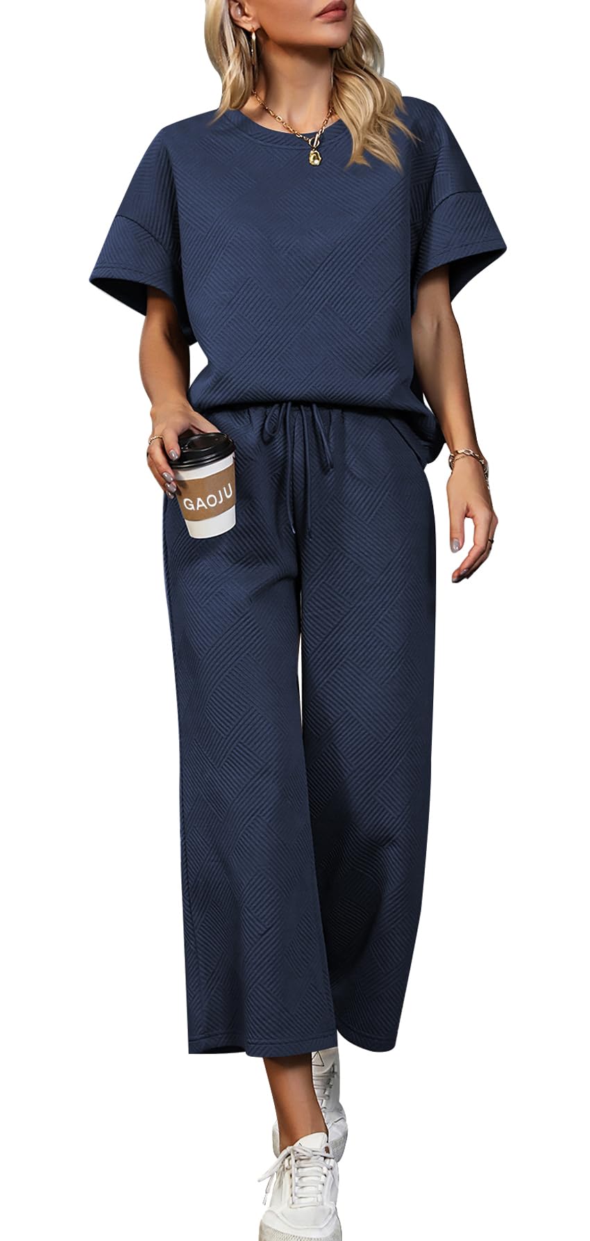 GAOJU Women's 2 Piece Outfits Textured Sweatsuit Short Sleeve Crew Neck Pullover Top Wide Leg Pant Tracksuit Set