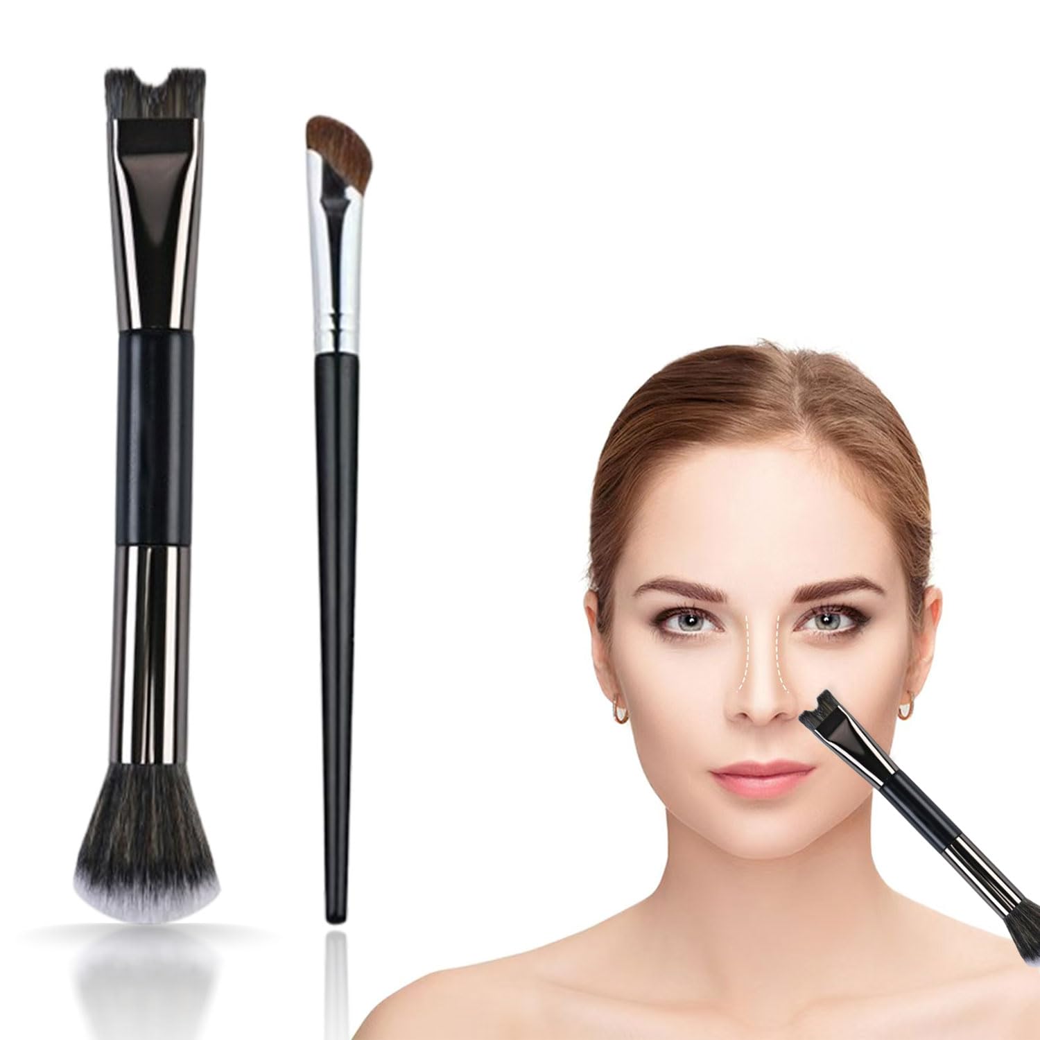 2 brochas de contorno de nariz, brochas de contorno en forma de U para maquillaje, cepillo esponjoso multifuncional de doble extremo, cepillo corrector plano suave en ángulo para mujeres y niñas