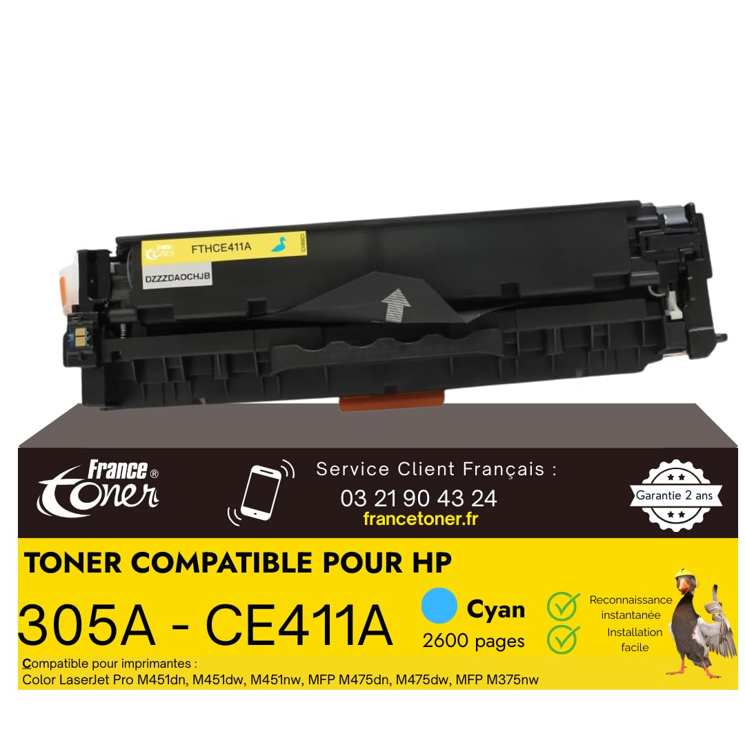 305A Toner Laser Compatible pour HP CE411A Cyan | Cartouche Haute Qualité pour Imprimante LaserJet Pro 300, 400 Color M351A, MFP M375NW M451DN
