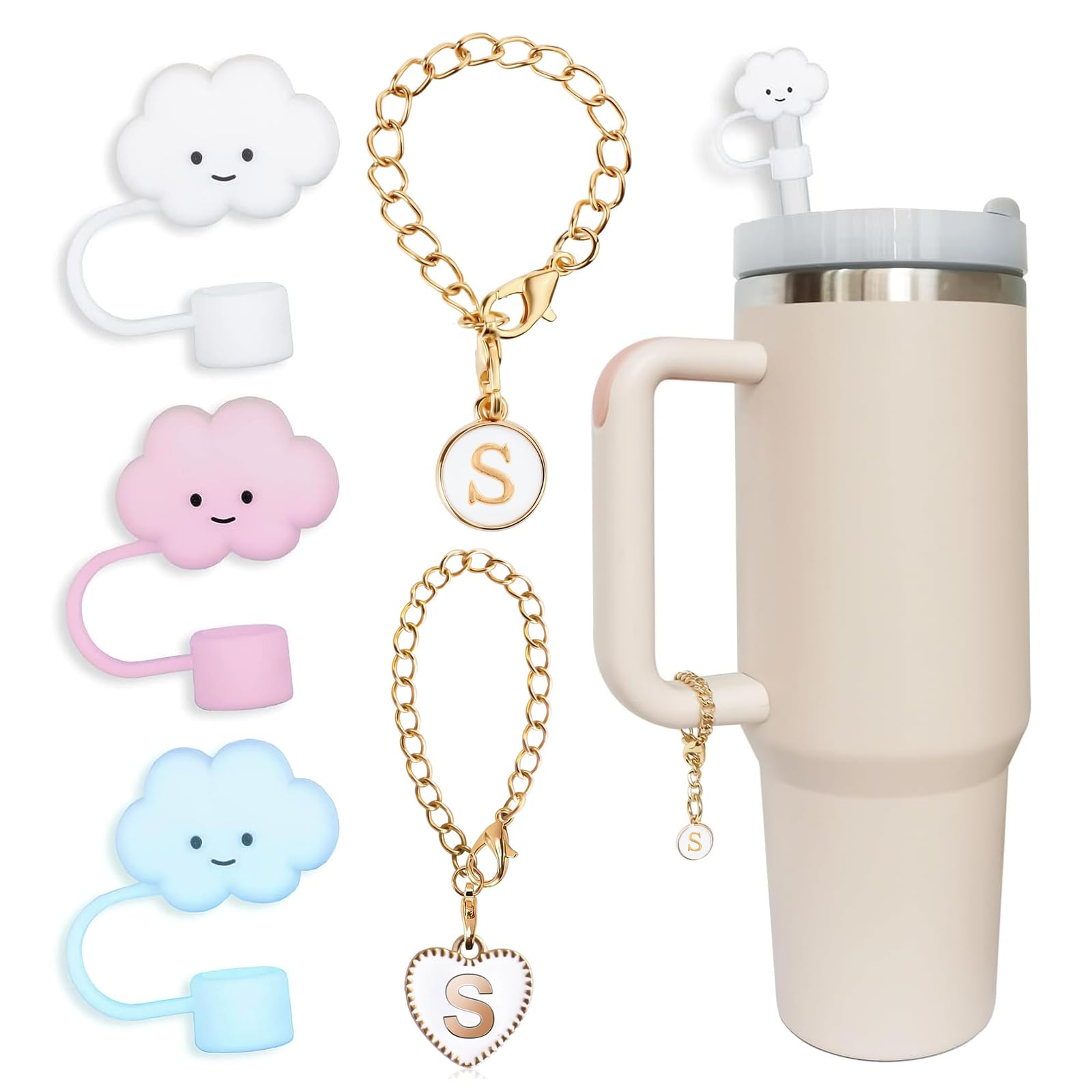 SnyclerSnycler 3PCS Straw Cover for Stanley Cup 30&40 Oz 10mm Cloud Silicone Straw Topper Protector Lid with 2PCS Initial Personalized Letter Charm Stanley Tumblers Accessories (3pcs cloud+2pcs letter S)