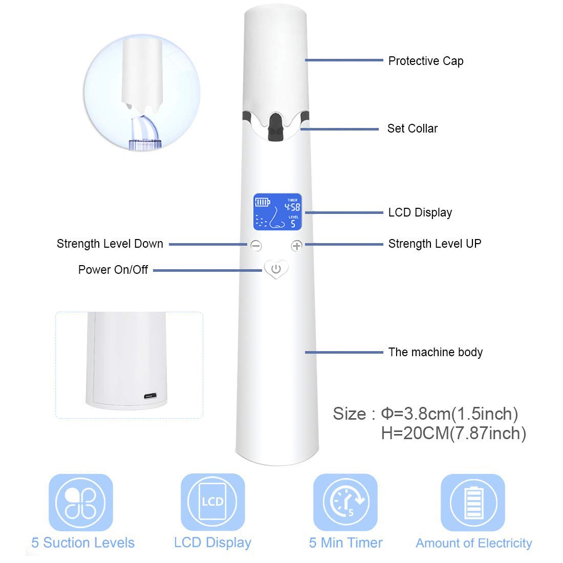 Vuoto di pori di rimozione di comedone con 4 testine di Ricambio - Detergente per Acne facciale con Timer - Strumento di rimozione Elettrico Comedo