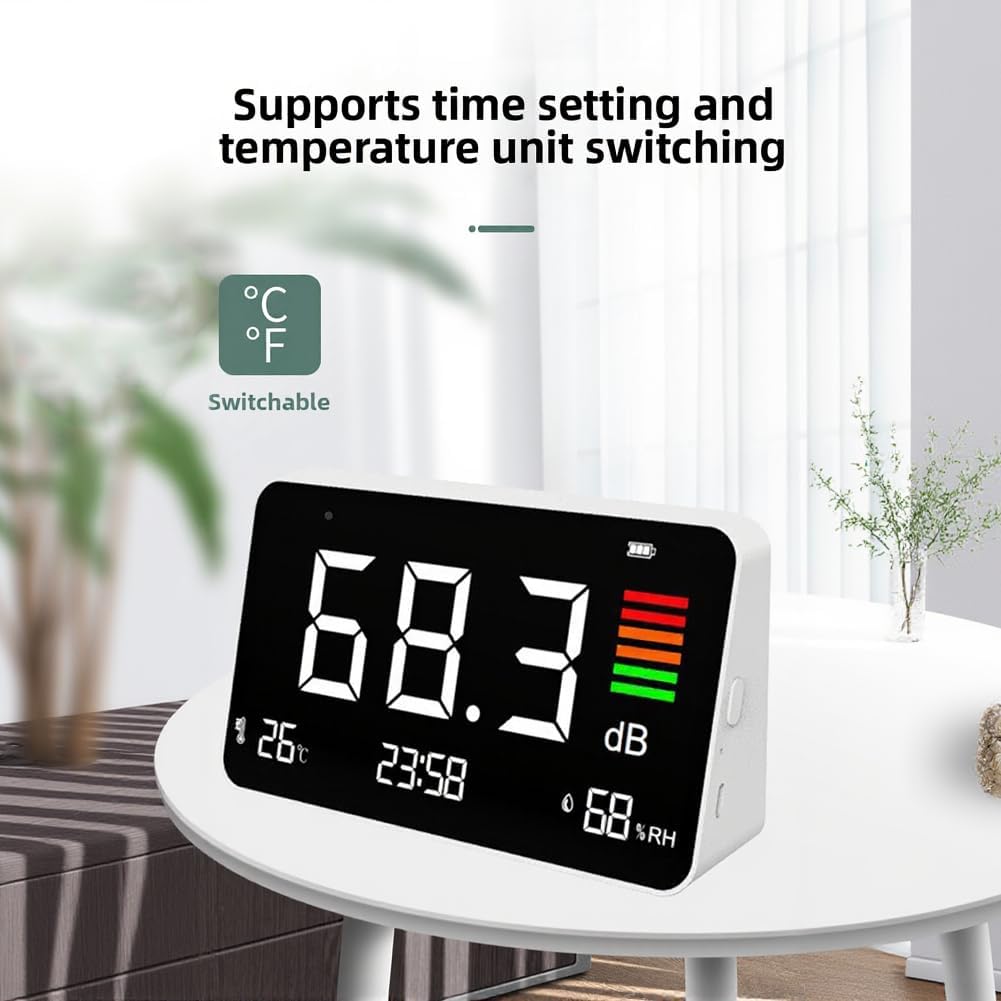 Medidor De Decibelios De Pared, Dispositivo 3 En 1 Para Medir El Nivel De Ruido: Temporizador, Temperatura Y Humedad. Rango De Medición: 30-130 Db. Ideal Para El Hogar Y La Escuela.