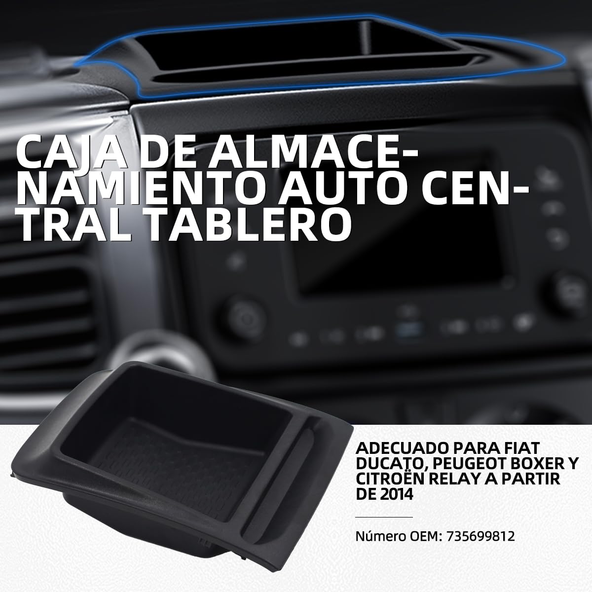 Caja de almacenamiento para tablero de instrumentos de auto, compatible con FIAT Ducato, Peugeot Boxer, Citroen Relay (2014+), material ABS negro, diseño antideslizante
