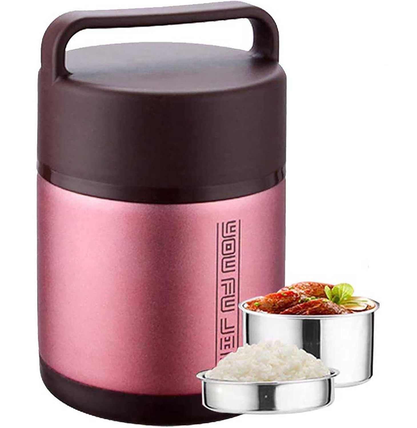 ROFRA Thermobehälter für Essen 2L, Thermo Speisebehälter, mit Geschirr, Aufbewahrungstasche und Schwammbürste, Vakuum Thermobehälter aus Edelstahl, für Müsli, Joghurt, Porridge (Pink)