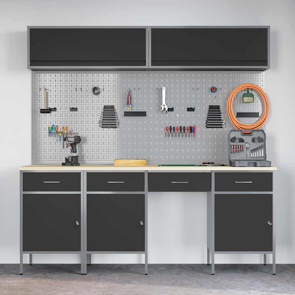 Juego de armarios de trabajo con cajones, 10 piezas, acero pulverizado y material de madera, 200 x 55 x 200 cm, con cerradura para pared de herramientas y sistema de organización que ahorra