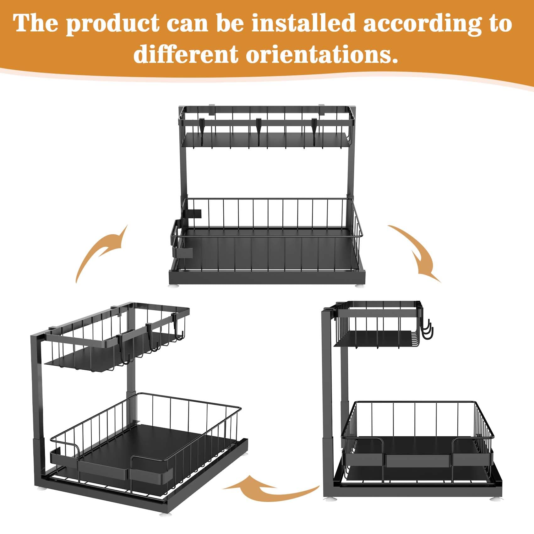 Almaybe Organizer Sottolavello Con 2 Ripiani Metallici Regolabili In Altezza E Estraibili - Per Cucina E Bagno, Nero