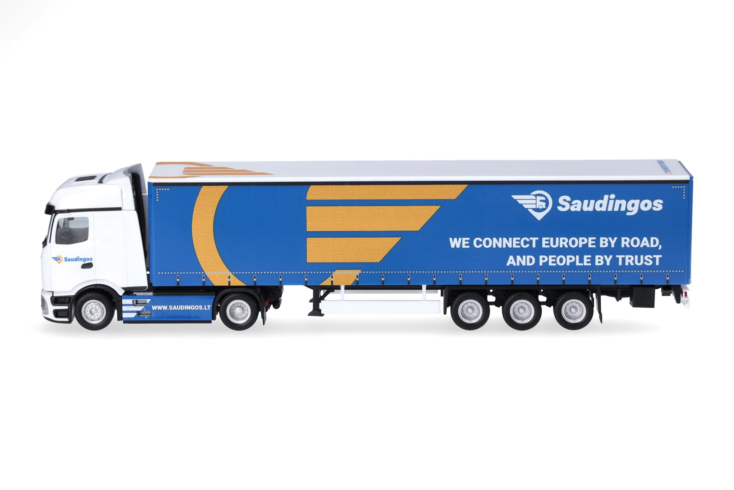 Herpa model ciężarówki Mercedes-Benz Actros L ProCabin Bigspace zestaw z naczepą kurtynową „Saudingo” (Litwa/Szawle), miniatura w skali 1:87, model kolekcjonerski, Made in Germany, tworzywo sztuczne