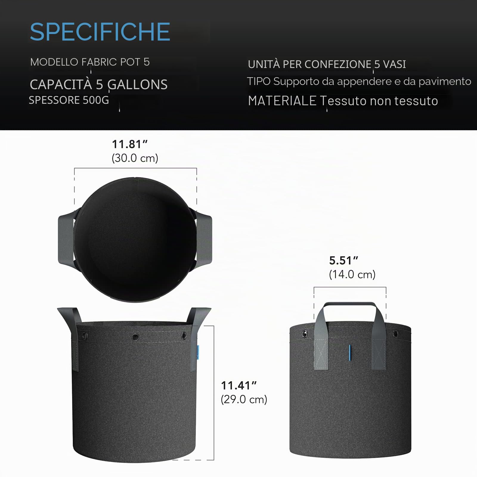 AC Infinity Sacchi per piante in tessuto non tessuto, ventilati, riutilizzabili, 500 g, in tessuto non tessuto, anelli multifunzionali, per allenare frutta, verdura e fiori, 18,9 l, confezione da 5