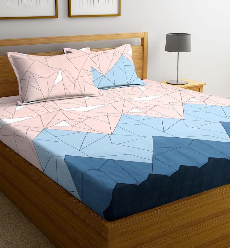 Image of la' amour 100% Cotton Feel Flat Printed Double Bedsheets with 2 Pillow Covers | Double Bed Breathable | Wrinklefree | Ultrasoft 220 TC Supersoft | 90 x 90 Inches, 7X7.5 Feet | Beige & Blue| TC - 180