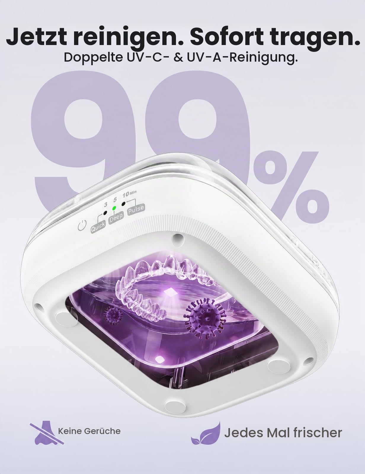Vaydeer Ultraschall-Reinigungsgerät, 48 kHz, Weiß | 3 Reinigungsmodi, UV-Funktion, für Retainer, Zahnschienen, Prothesen und Schmuck