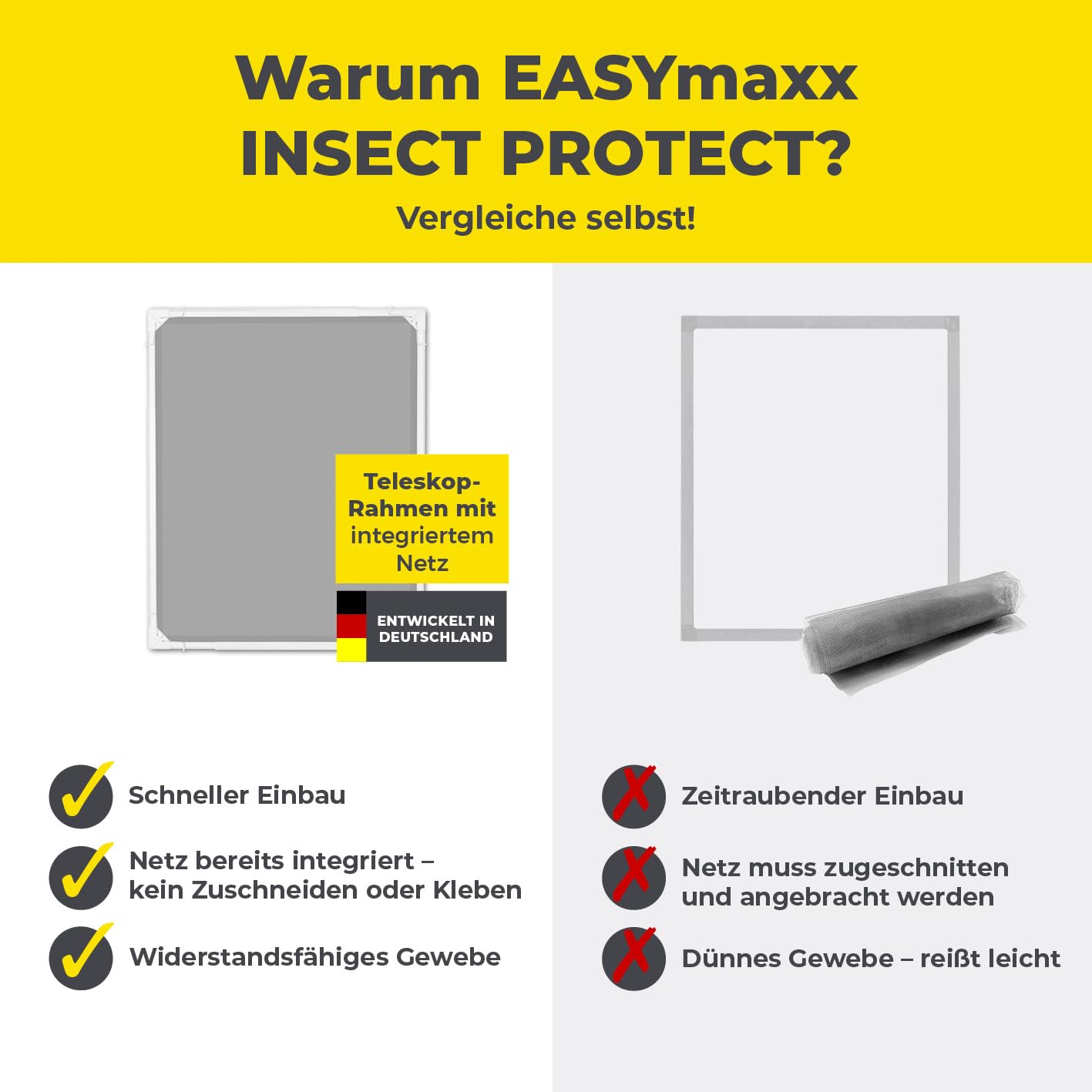 EASYmaxx Insect Protect | Teleskop-Insektenschutzgitter | Fliegengitter Fenster | mit vormontierten Rahmen | ausziehbarer Insektenschutz | integriertes Moskitonetz | weiß