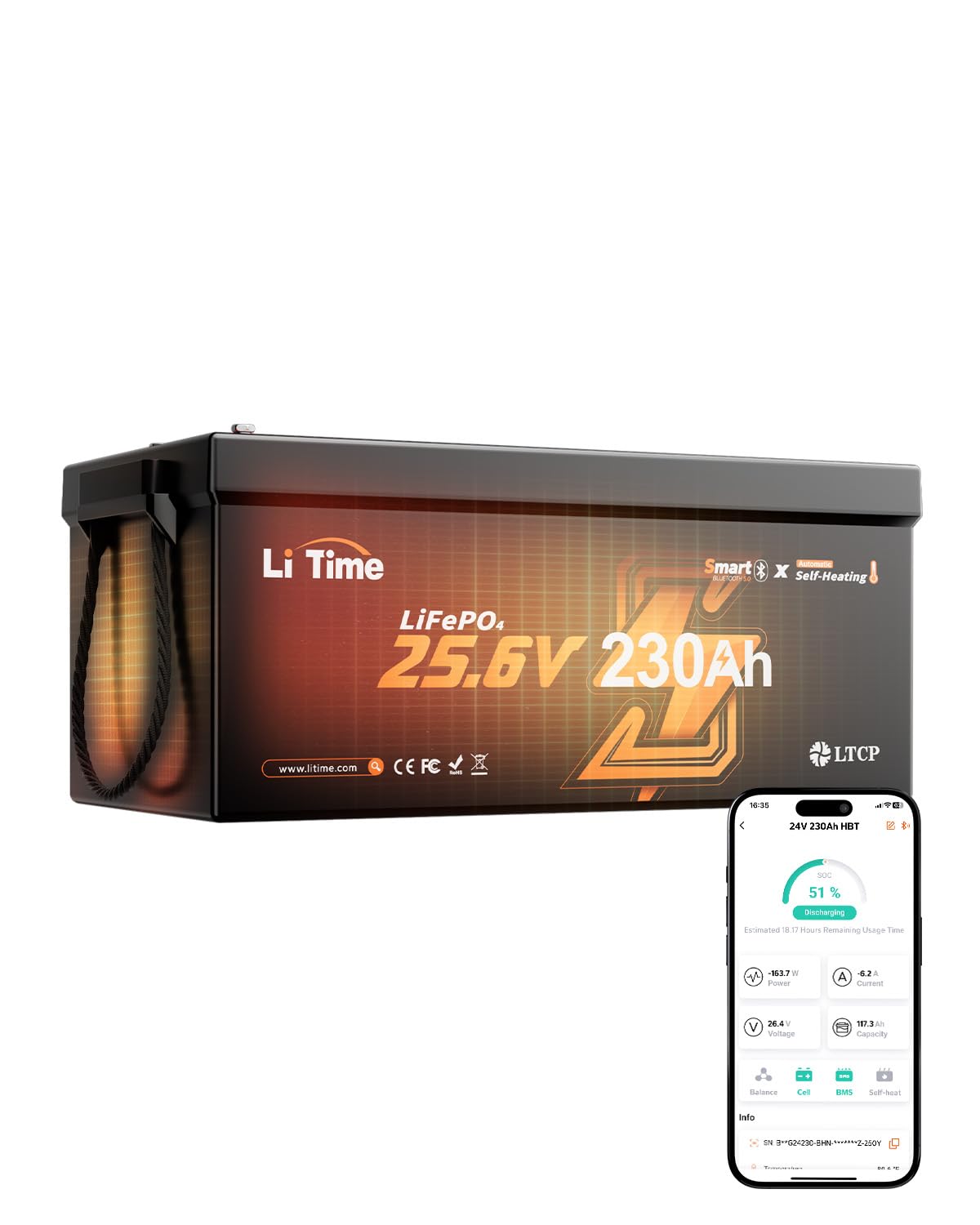 LiTime 2 Pack 24V 230Ah Self-heating Lithium Battery for Off-Grid, RV