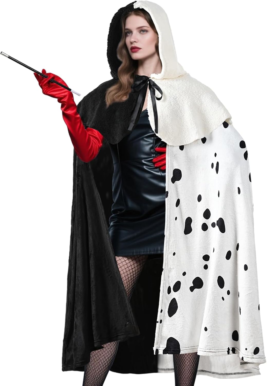 NatuBeau Halloween Costumes Woman 2025, Witch Cloak for Women with Hood, Dalmatian Halloween Costumes Set with Dalmatian Hooded Cape, Red Gloves and Accessory Holder