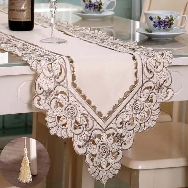 Image of MONKDECOR Floral Cutwork Design Dining Table Runner (Size-15x70 Inches) - Satin EMB-07 (Grey Border)